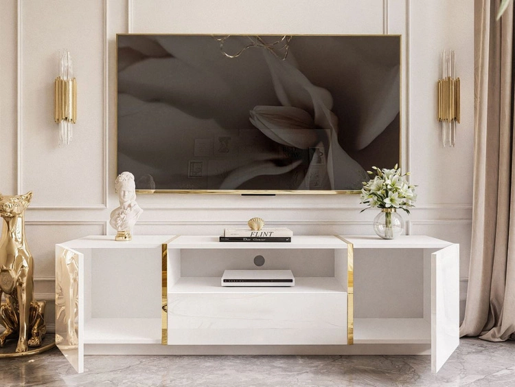 Szafka RTV w stylu glamour dwudrzwiowa z szufladą Lunelie biały połysk