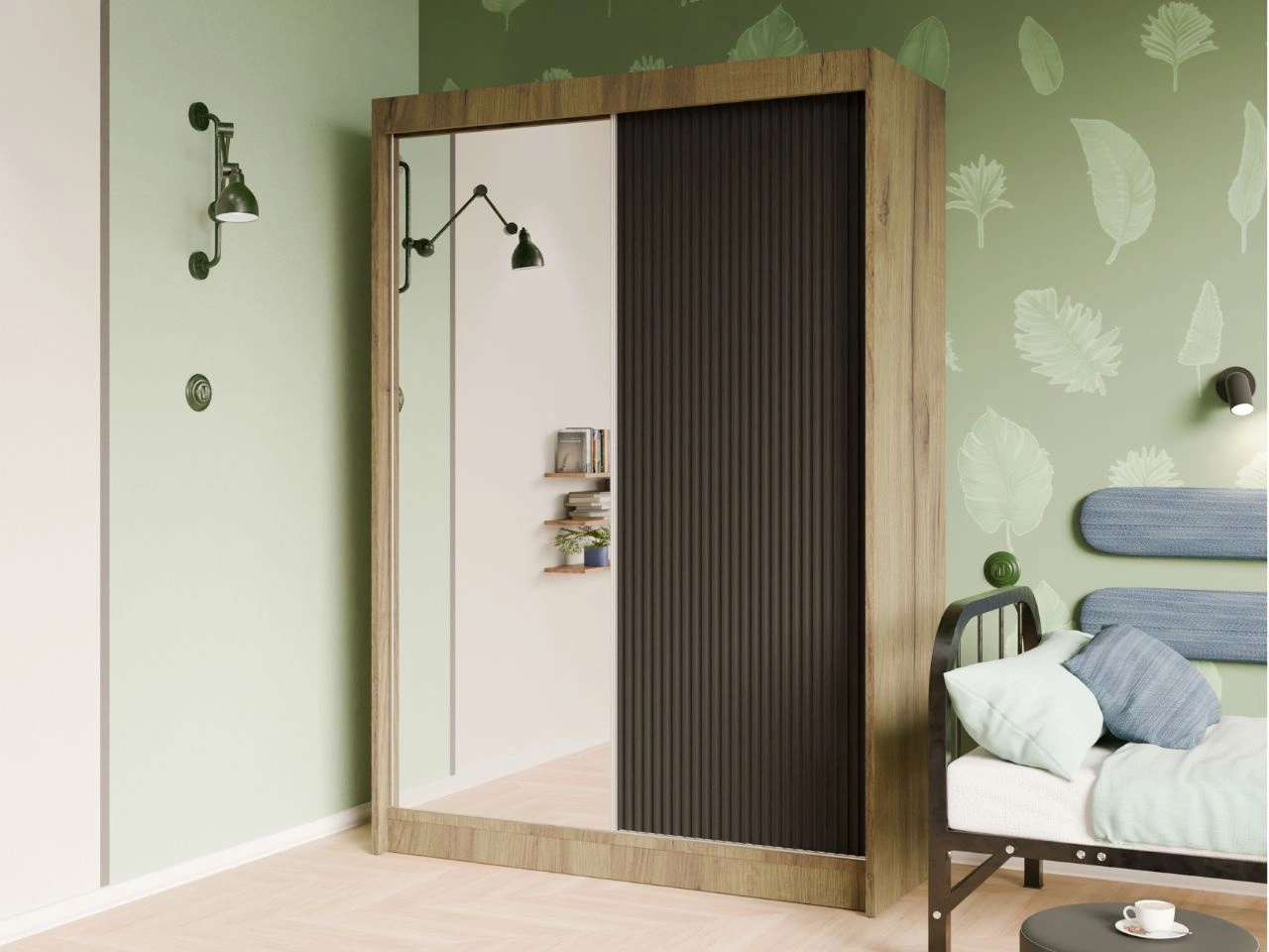 Szafa przesuwna z ryflowanym frontem i lustrem 150 cm Fano Dąb Craft Złoty, Czarna