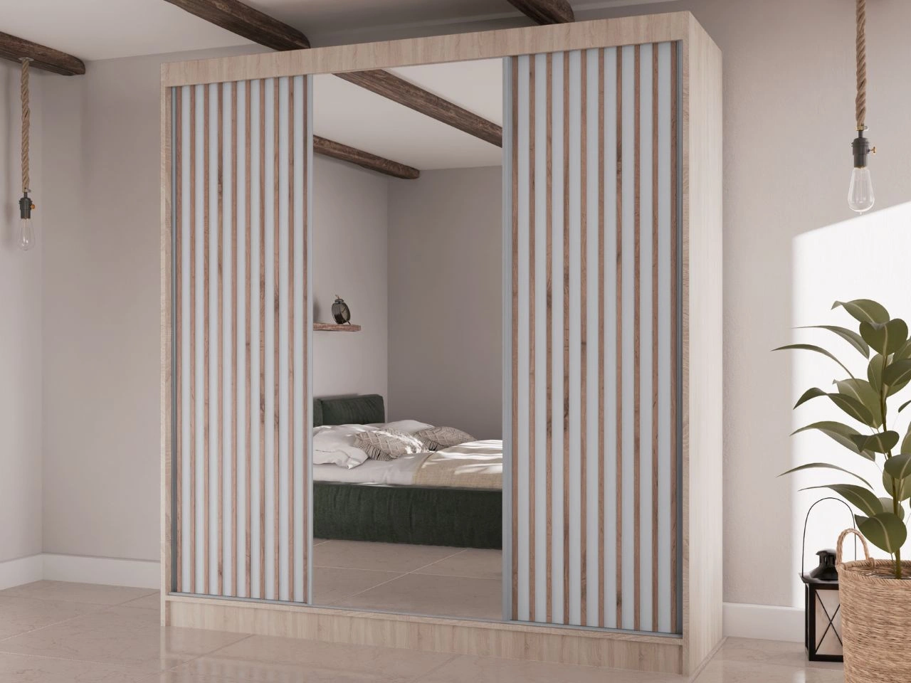 Szafa przesuwna z lamelami i lustrem 200 cm Lucena Dąb Sonoma, Biała