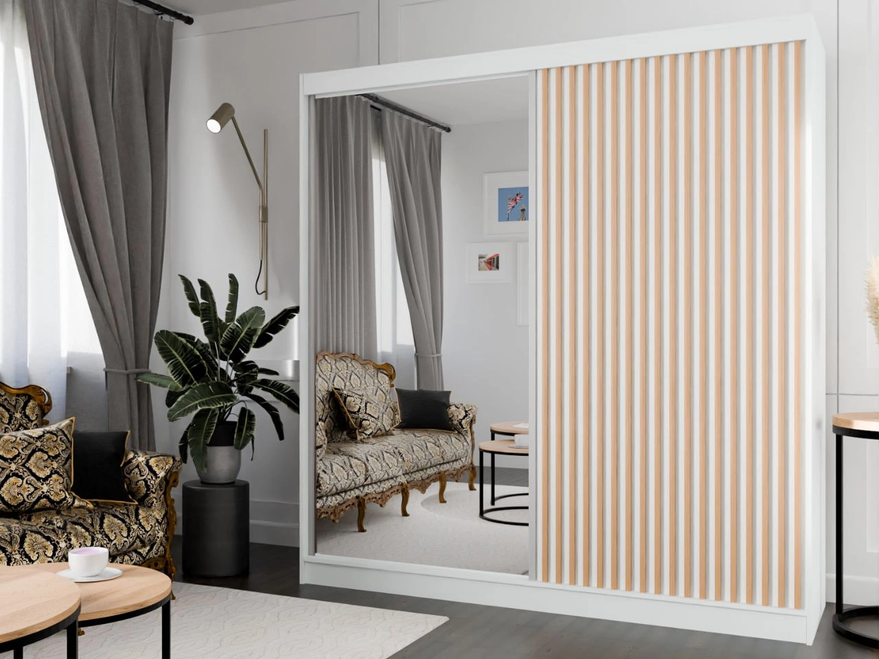 Szafa przesuwna z lustrem i lamelami 200 cm Loreto Biała