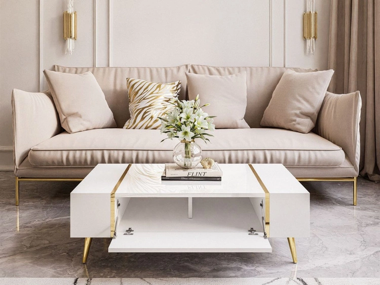 Zestaw mebli do salonu na złotych metalowych nóżkach i ze złotymi uchwytami Lunelie Biały połysk