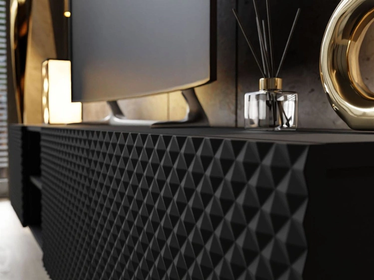 Szafka RTV z metalowymi złotymi nóżkami i frezowanymi frontami 3D Celiane czarny mat