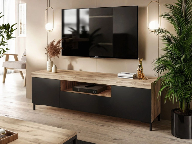 Zestaw mebli do salonu - szafka RTV i komoda na czarnych nóżkach Asumi Czarny i dąb wotan