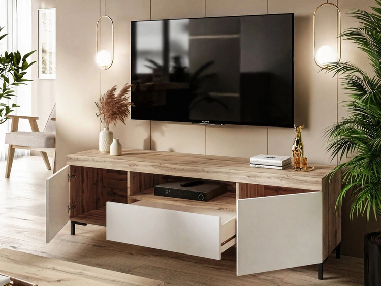 Szafka RTV pod telewizor z drzwiczkami i szufladą Asumi Biały i dąb wotan