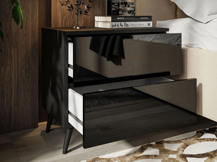 Stolik nocny z szufladami na czarnych nogach Nuveo Czarny połysk