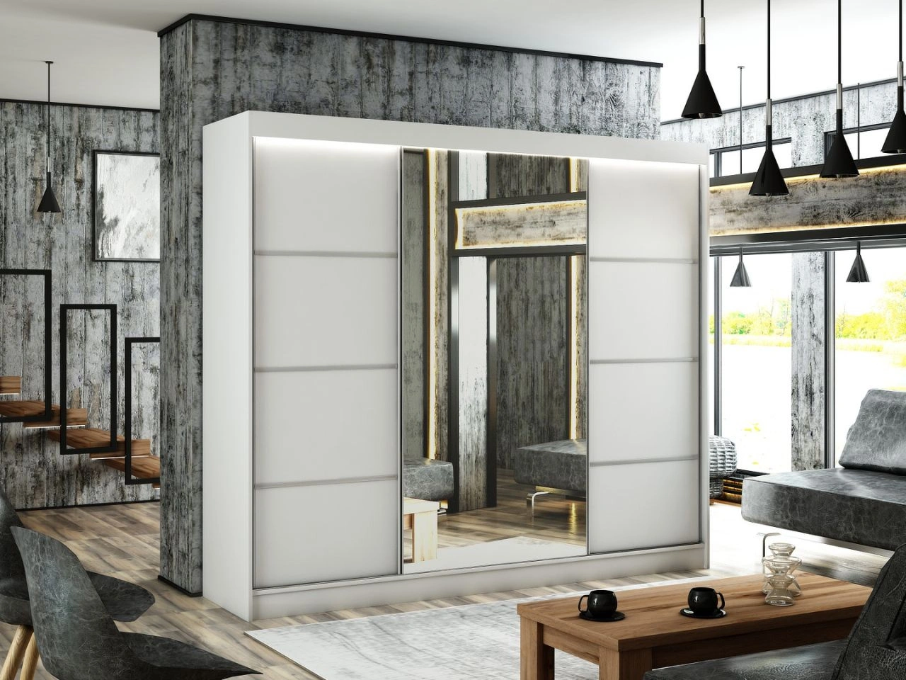 Szafa przesuwna z lustrem 250 cm z oświetleniem LED Portel Biała