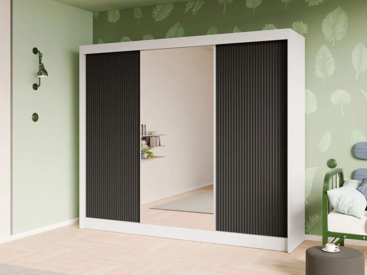 Szafa przesuwna z ryflowanym frontem i lustrem 250 cm Fano Biała, Czarna