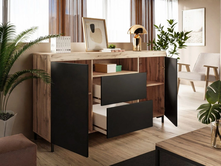 Zestaw mebli do salonu - szafka RTV i komoda na czarnych nóżkach Asumi Czarny i dąb wotan