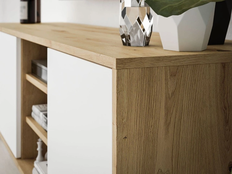 Szafka RTV pod telewizor z drzwiczkami i białymi nogami Vivance Biały i dąb artizan