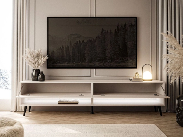 Szafka RTV do salonu 180 cm z czarnymi nóżkami i oświetleniem LED Aurelie Kaszmir mat