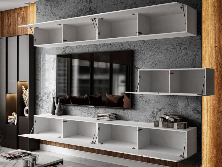 Wisząca meblościanka do salonu z oświetleniem LED Nodoo Biały połysk