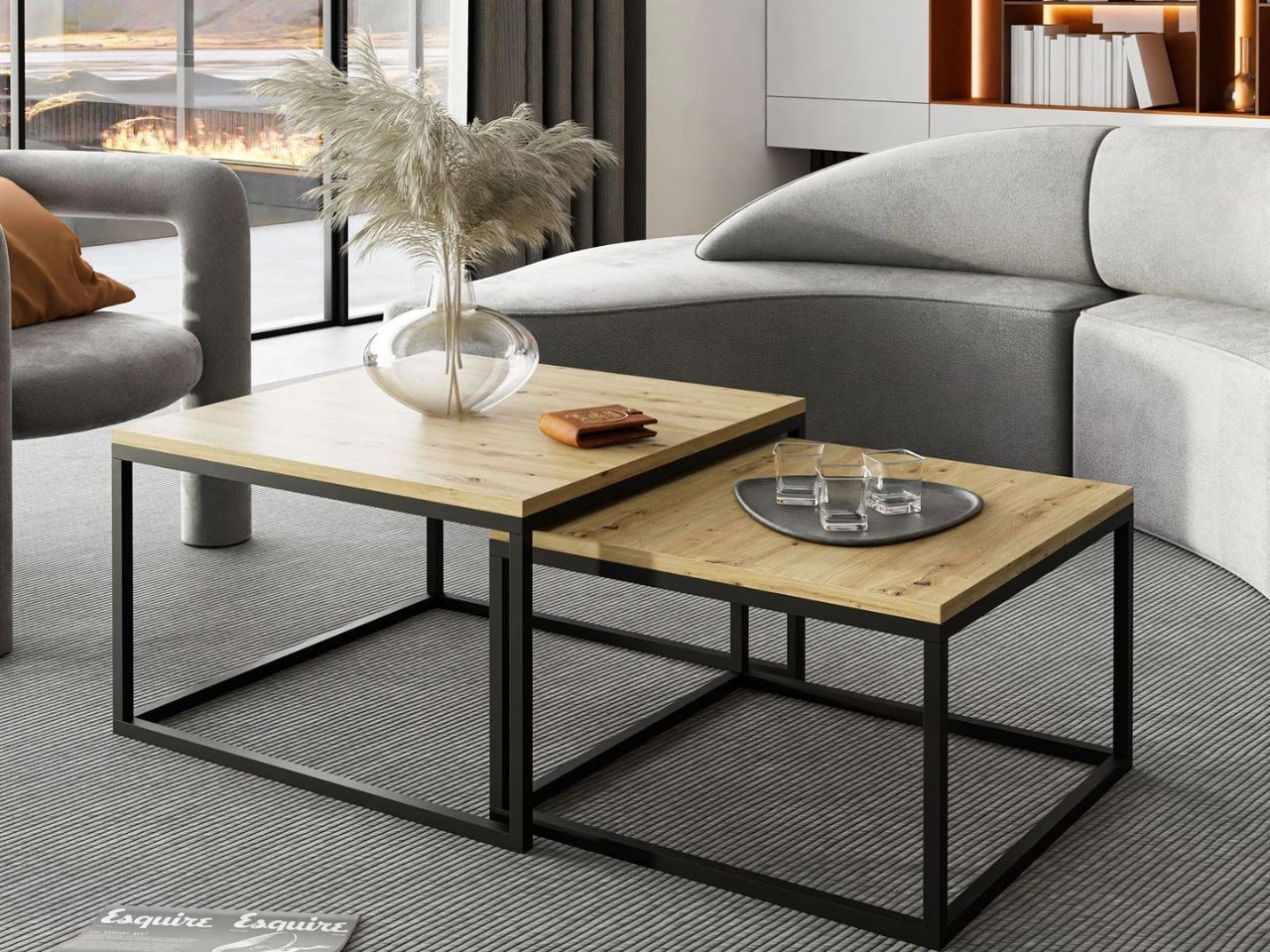 Stolik kawowy na czarnym stelażu Asumi Dąb Artisan 36x42