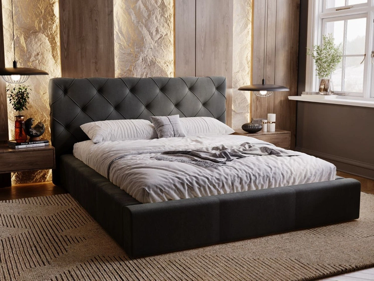 Łóżko tapicerowane z pojemnikiem i stelażem 140x200 Milano Ciemny Szary