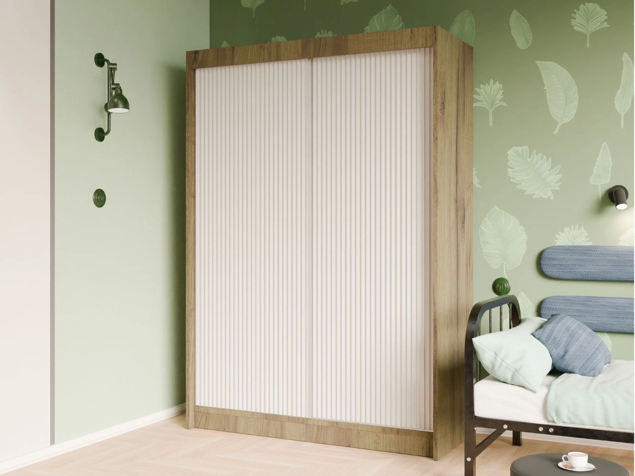 Szafa przesuwna z ryflowanym frontem 150 cm Fano Dąb Craft Złoty, Biała