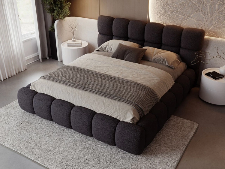 Łóżko tapicerowane z pojemnikiem na pościel i stelażem 180x200 Modo w tkaninie bouclé Czarne