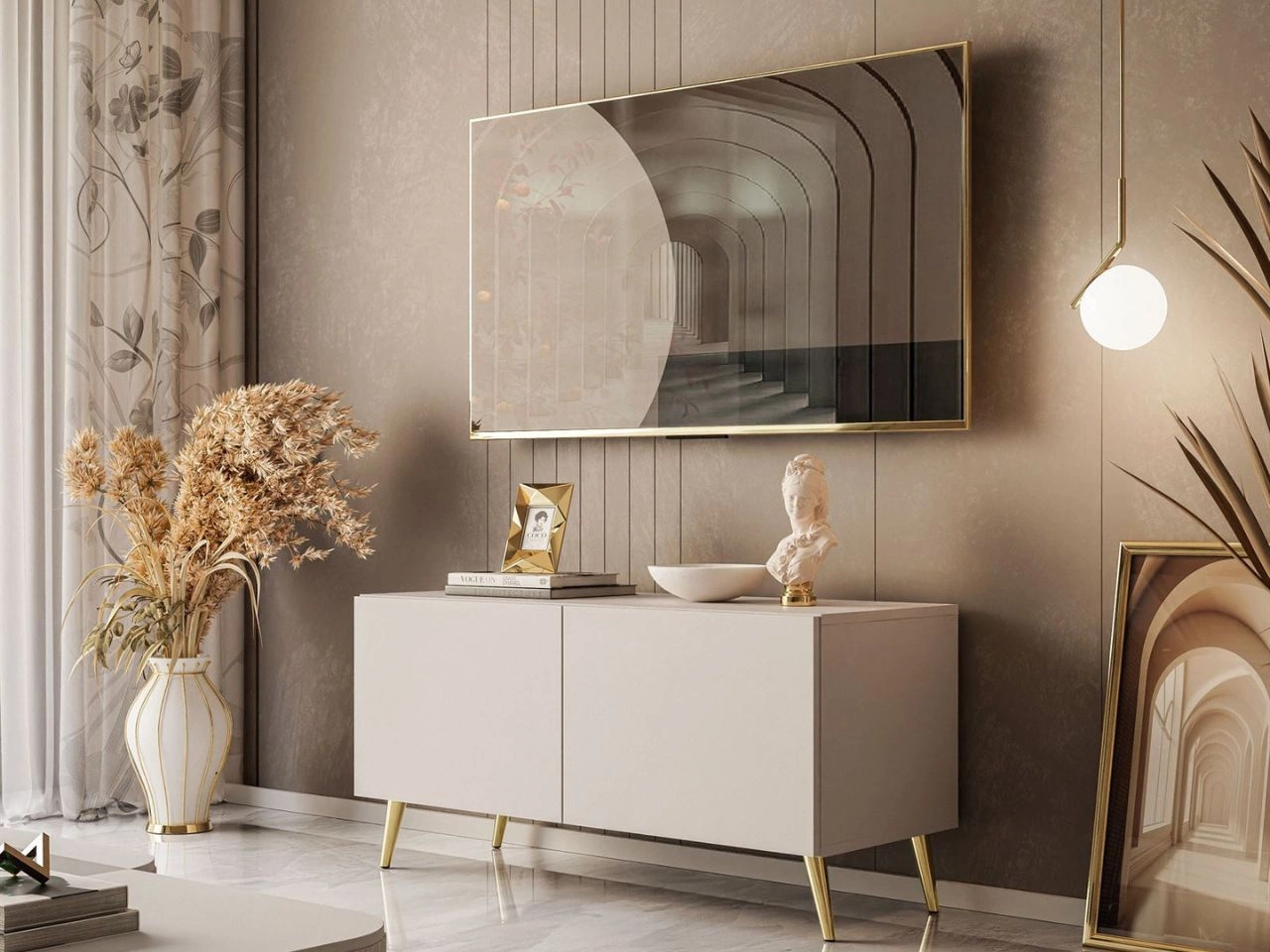 Szafka RTV pod telewizor z drzwiczkami na złotych nóżkach 100 cm Nodoo Kaszmir