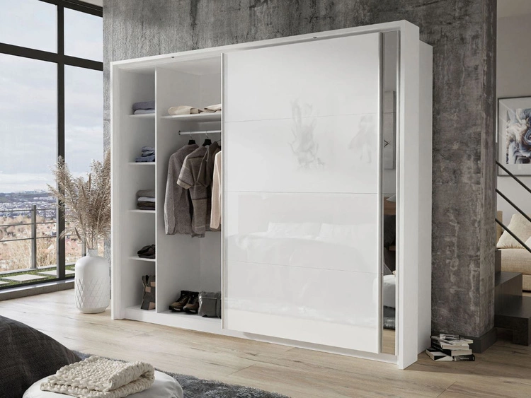 Szafa dwudrzwiowa z drzwiami przesuwnymi i nadstawką 254 cm Nuveo Biały połysk