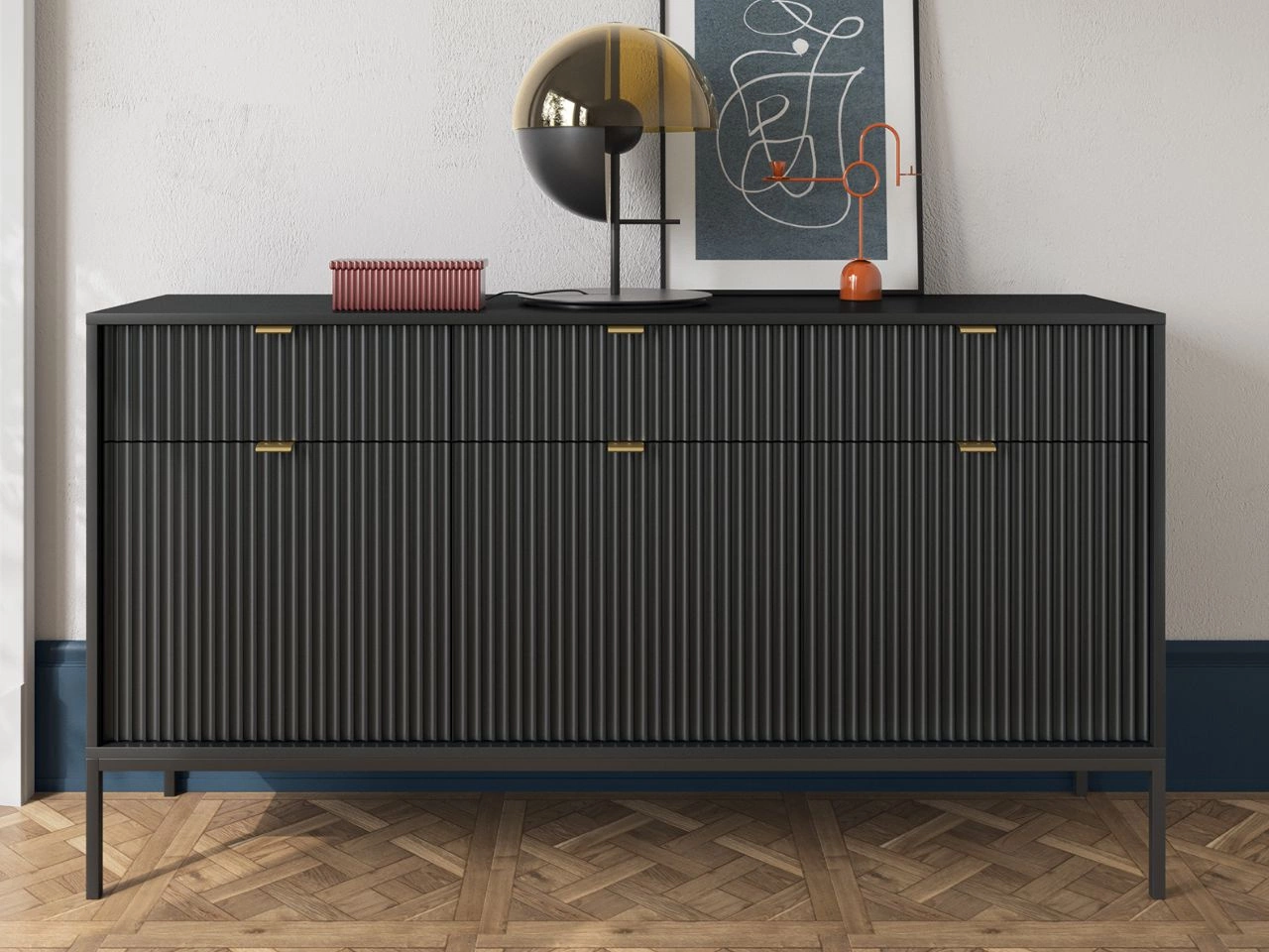 Komoda z drzwiami i szufladami Amber czarna na czarnych nogach
