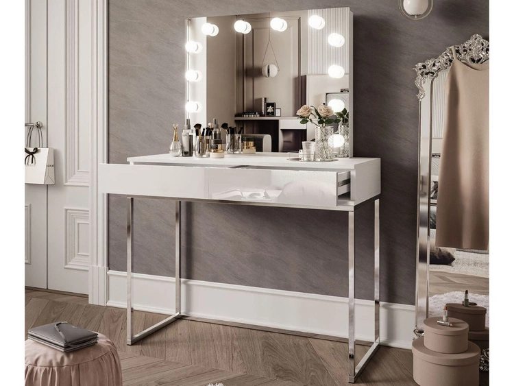 Toaletka glamour z szufladami, lustrem i oświetleniem LED Brisa biały połysk