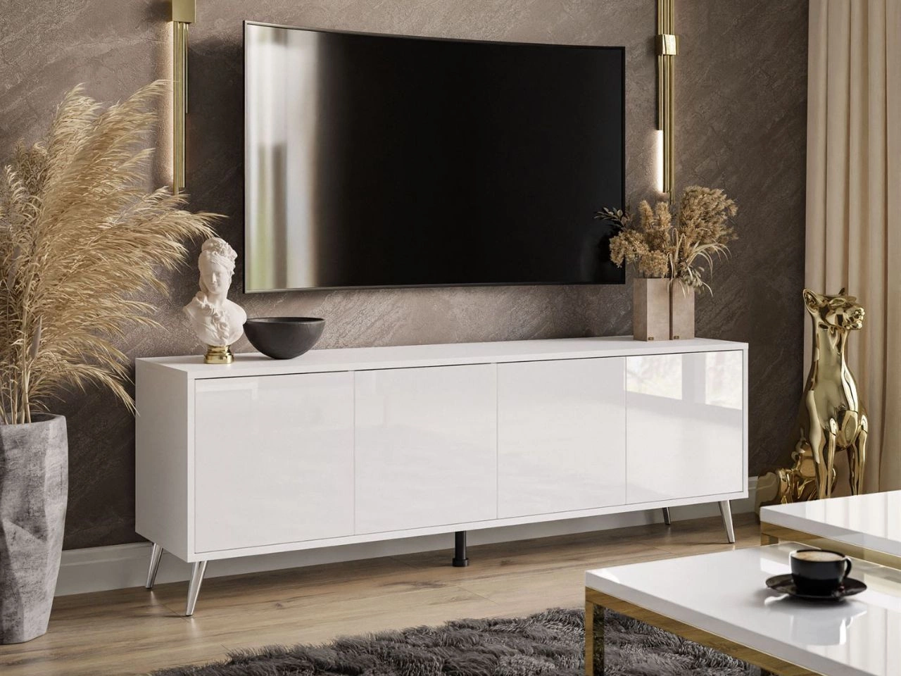 Szafka RTV pod telewizor z drzwiczkami na srebrnych nogach Vivance Biały połysk