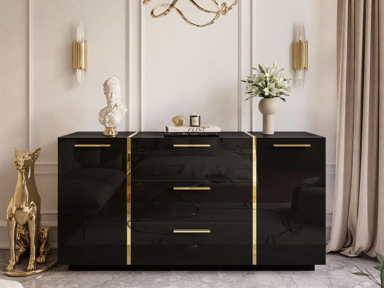 Dwudrzwiowa komoda 158 cm z trzema szufladami Lunelie czarny połysk