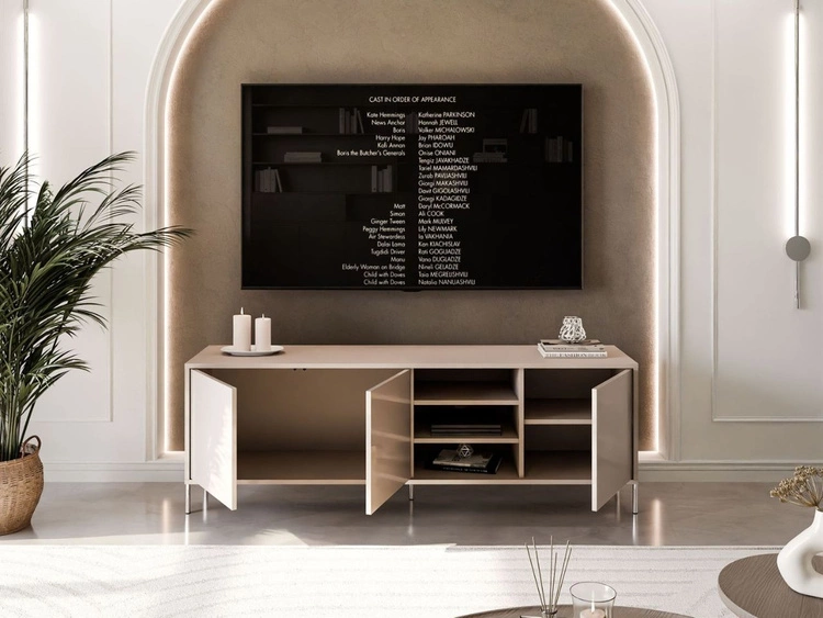 Szafka RTV glamour pod telewizor z drzwiczkami na srebrnych prostych nogach Vivance Kaszmir połysk