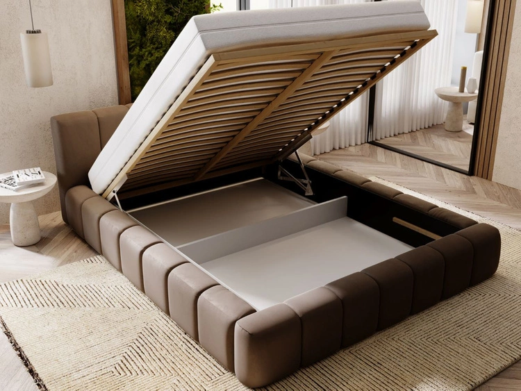 Łóżko tapicerowane z pojemnikiem i stelażem 140x200 Split Brązowy