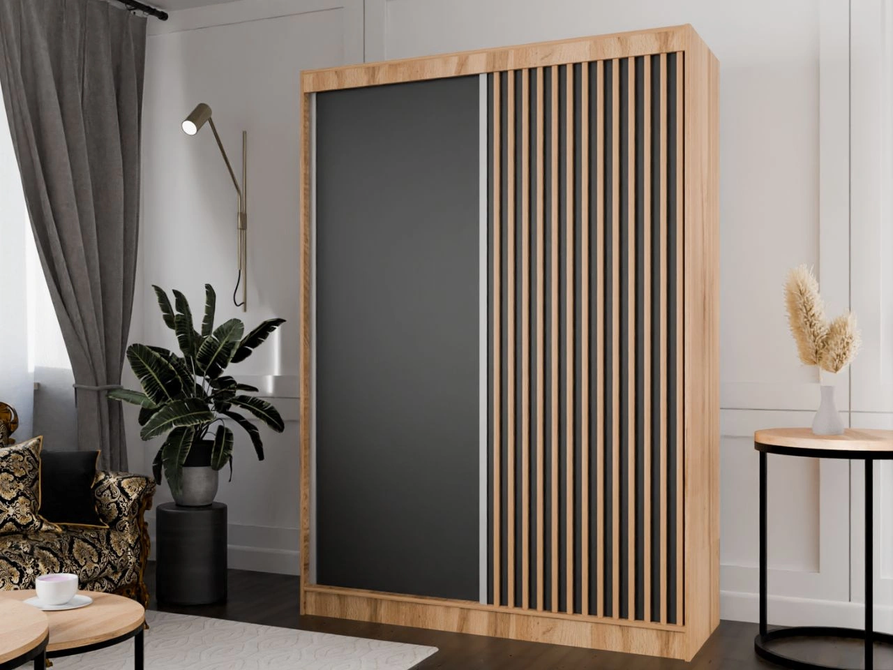 Szafa przesuwna z lamelami 150 cm Loreto Dąb Craft Złoty, Czarna