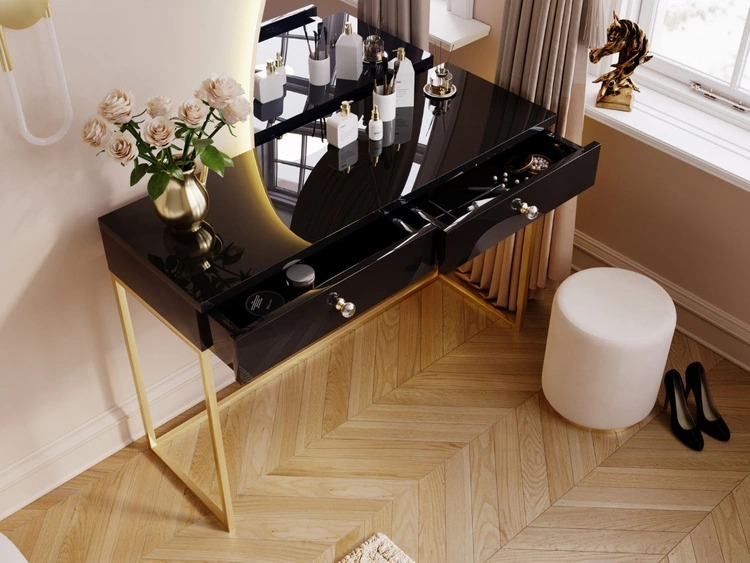 Toaletka z szufladami Belleza Czarny połysk Złoty stelaż