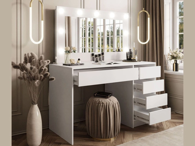 Toaletka glamour z lustrem, szufladami i oświetleniem LED Melo biały mat