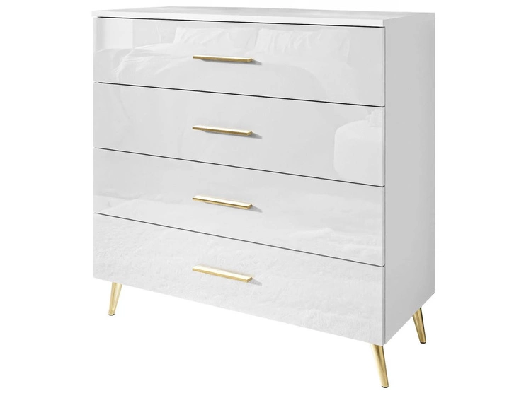 Komoda z czterema szufladami i oświetleniem LED na złotych nóżkach Nuveo Biały połysk