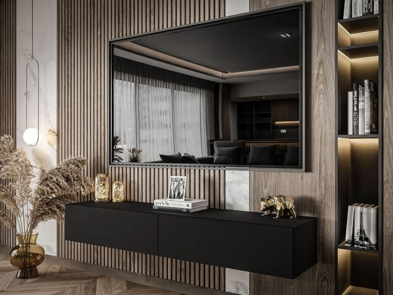 Szafka RTV dwudrzwiowa wisząca 175 cm z oświetleniem LED Sorelle czarny mat