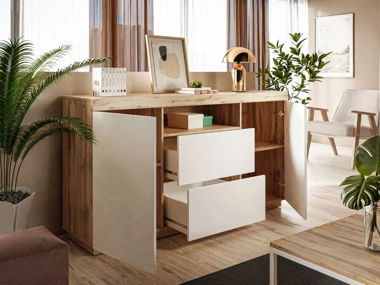 Dwudrzwiowa komoda 164 cm w stylu loft Asumi biały mat i dąb wotan