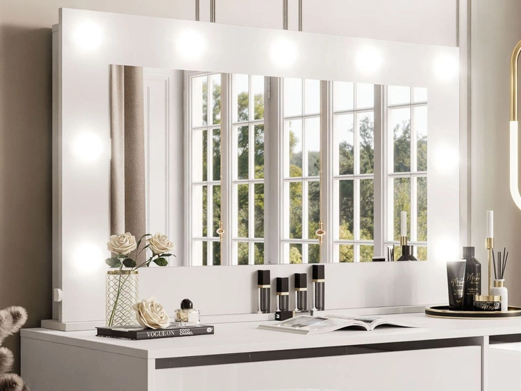 Toaletka glamour z lustrem, szufladami i oświetleniem LED Melo biały połysk