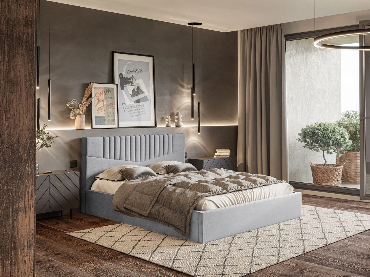 Łóżko tapicerowane z pojemnikiem i stelażem 180x200 Lido jasny szary