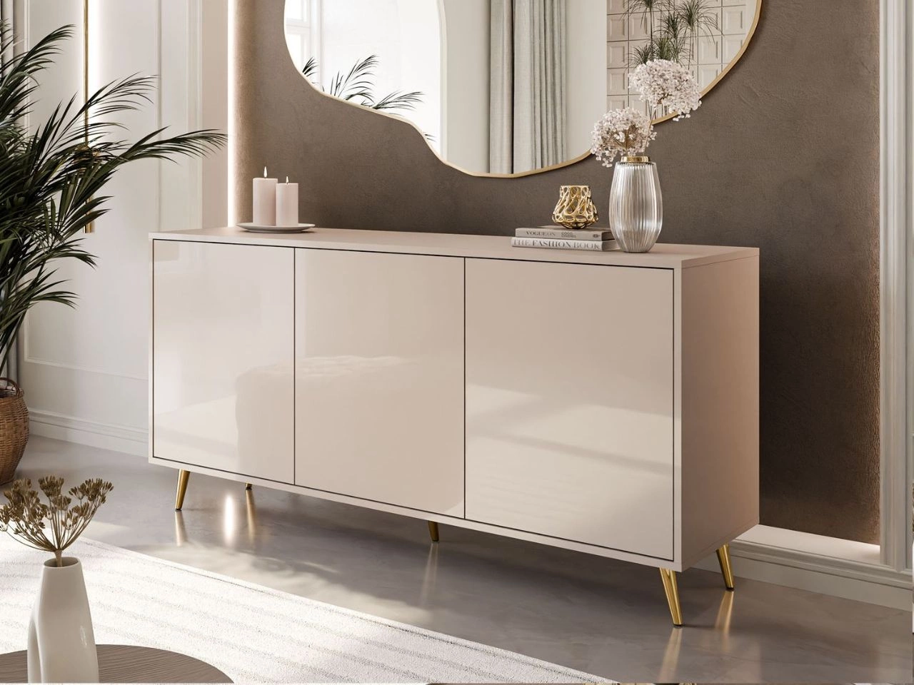 Trzydrzwiowa komoda 154 cm w stylu glamour na złotych nogach Vivance kaszmir połysk