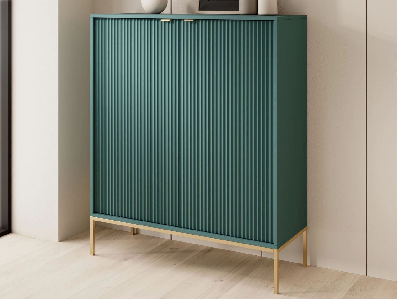 Komoda z drzwiami Amber zielona na złotych nogach