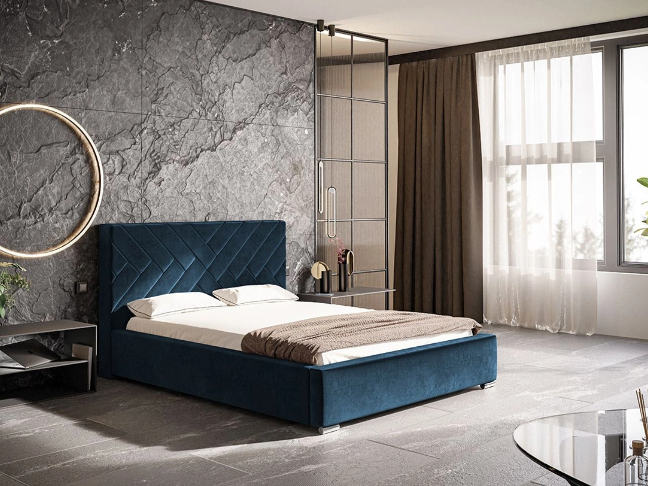 Łóżko tapicerowane z pojemnikiem i stelażem 120x200 Tonale Granatowe