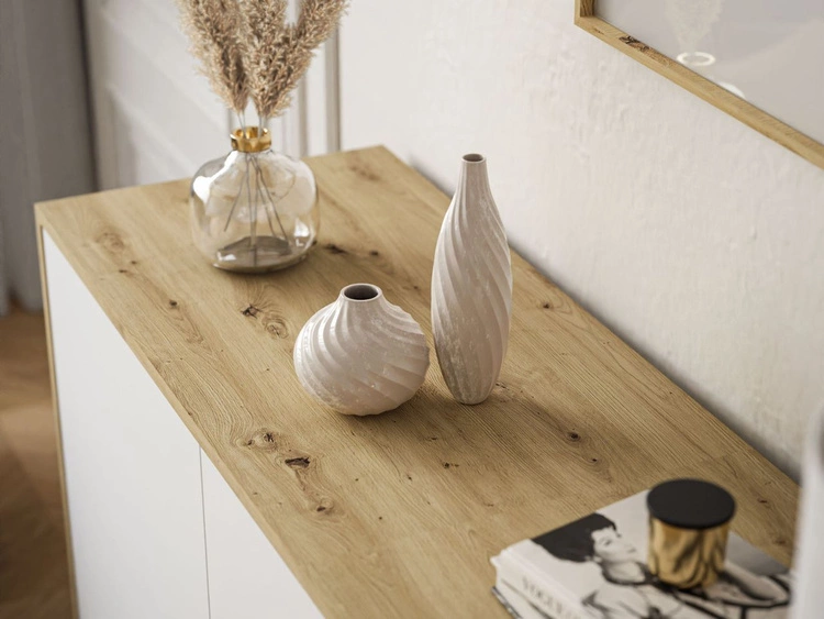 Trzydrzwiowa komoda 154 cm w stylu loft na białym stelażu Vivance biały mat i dąb artisan