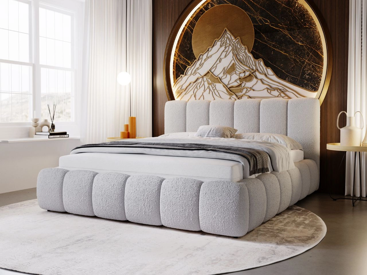 Łóżko tapicerowane bez pojemnika ze stelażem 200x200 Cloud w tkaninie bouclé Jasnoszare