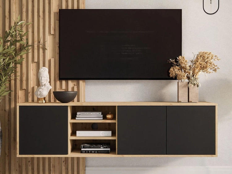 Szafka RTV pod telewizor wisząca z drzwiczkami Vivance Czarny i dąb artisan
