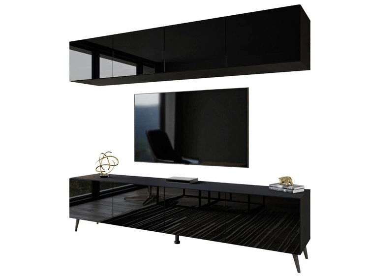 Meblościanka do salonu z oświetleniem LED na czarnych nogach Noaé Czarny połysk