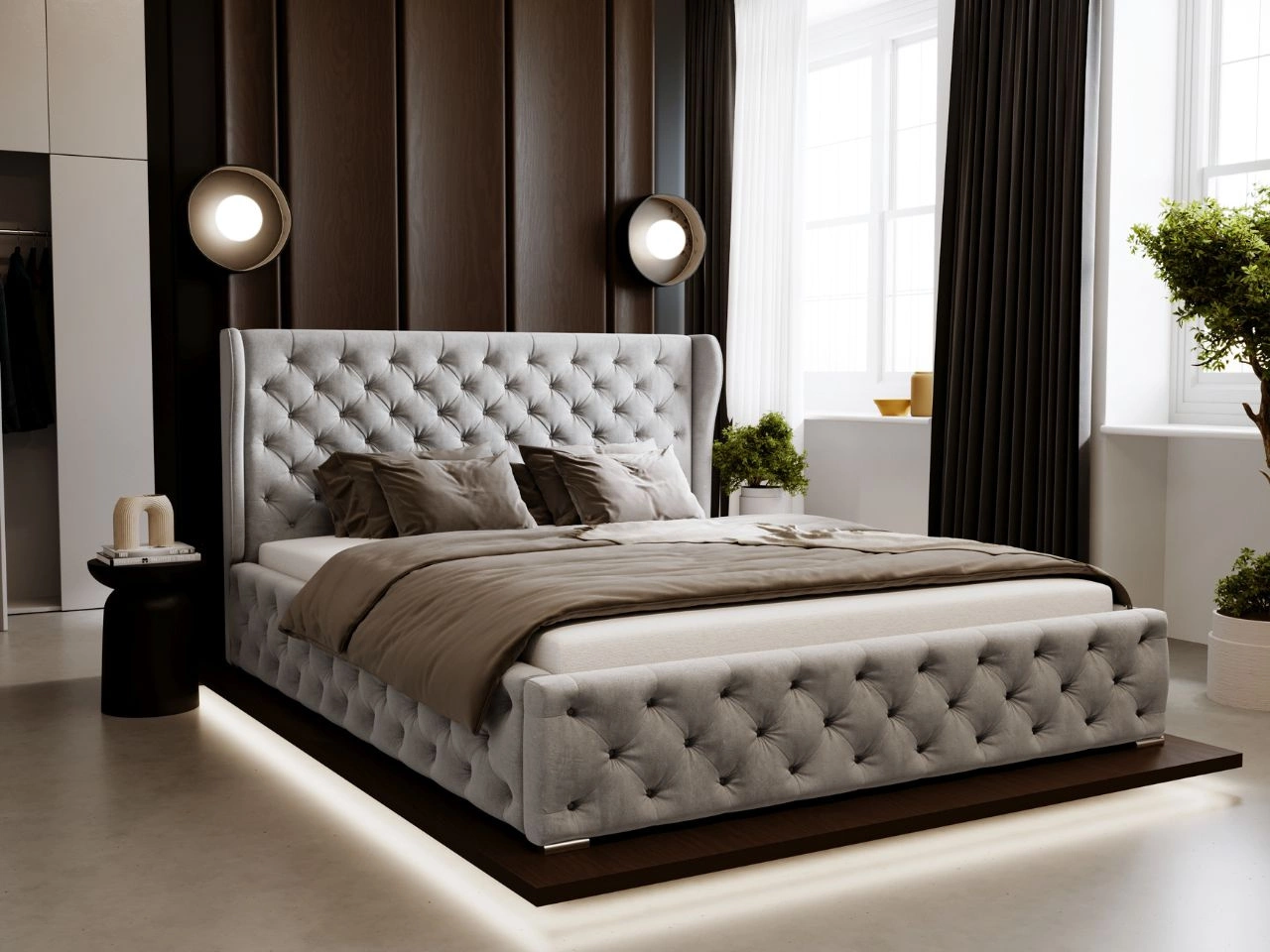 Łóżko tapicerowane z pojemnikiem na pościel i stelażem 200x200 Kingston Jasnoszare