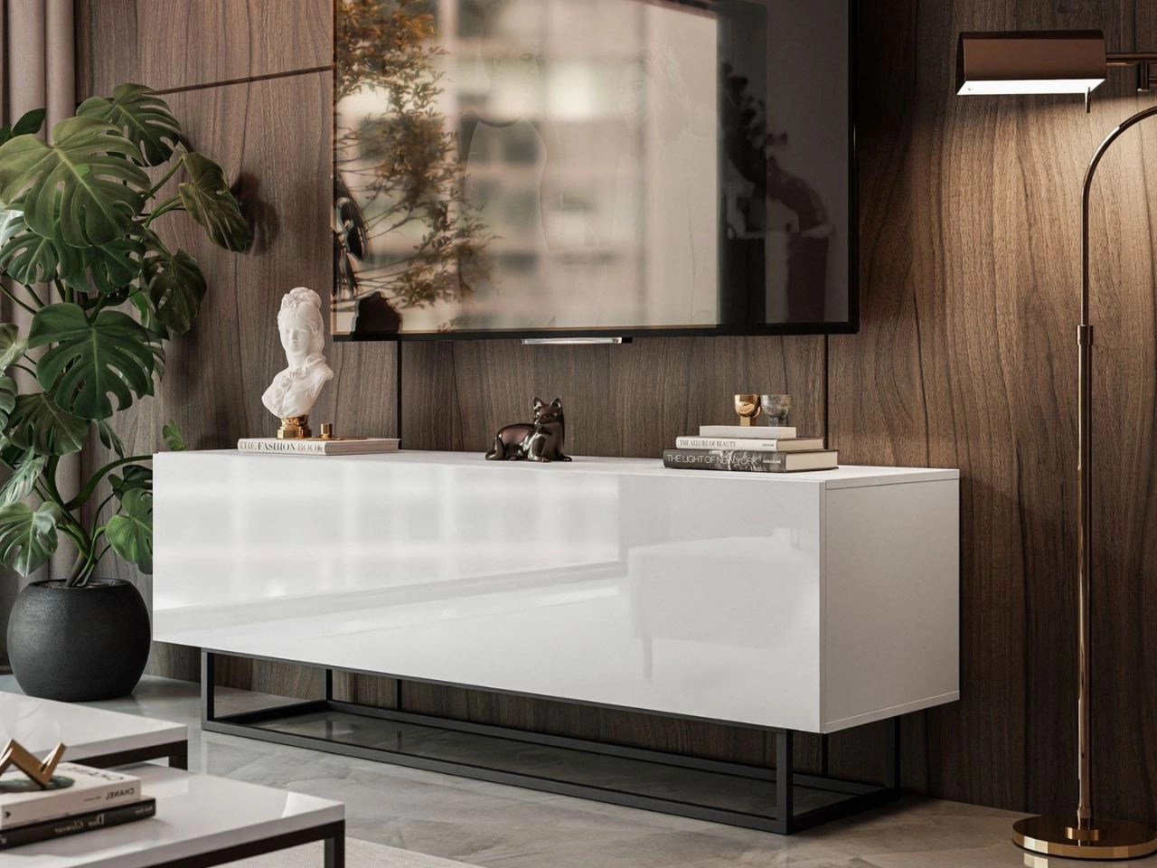 Szafka RTV pod telewizor z drzwiczkami na czarnym stelażu 150 cm Nodoo Biały połysk