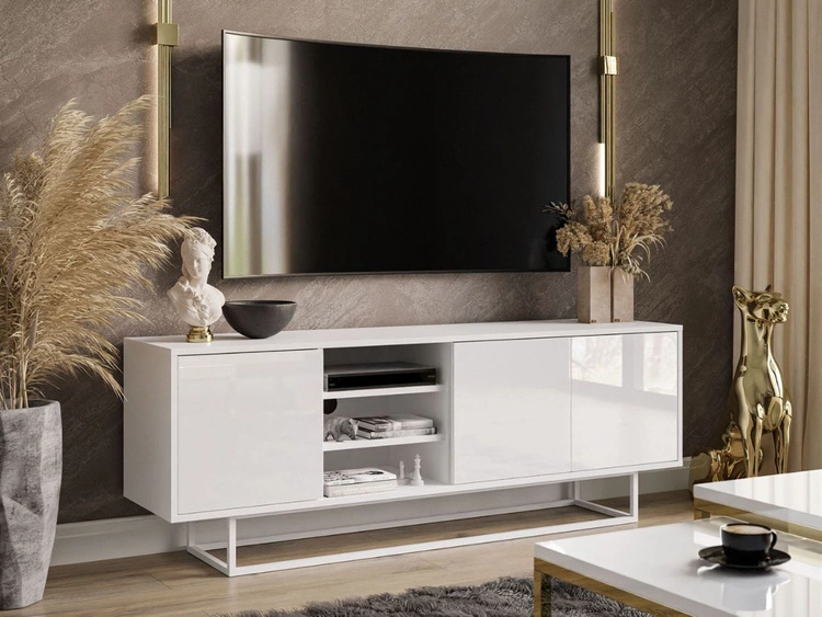 Szafka RTV pod telewizor z drzwiczkami na białym stelażu Vivance Biały połysk