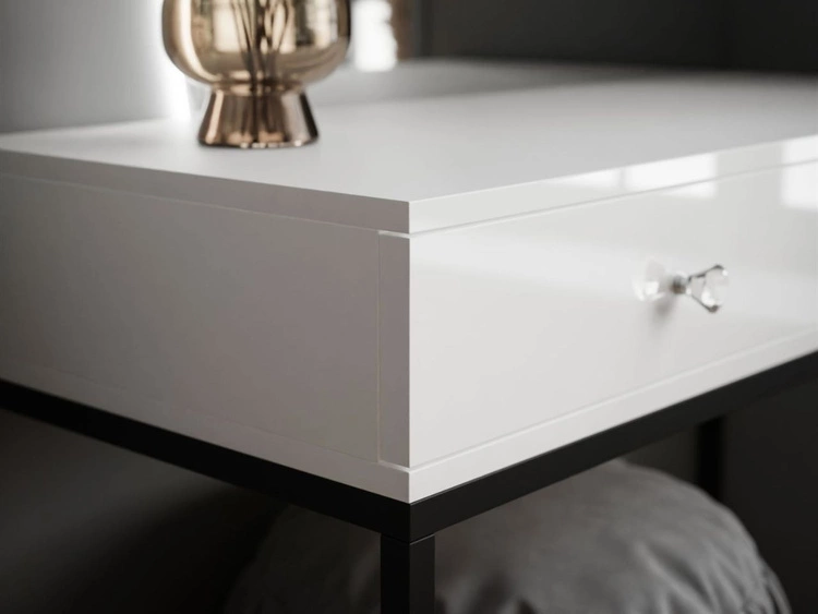 Toaletka kosmetyczna lewostronna z szufladami i oświetleniem LED na czarnych nogach Clarette Biały połysk