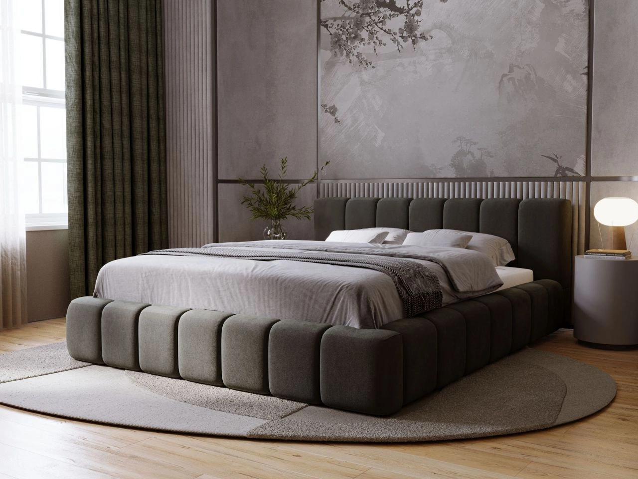 Łóżko tapicerowane z pojemnikiem i stelażem 180x200 Orio Ciemny szary
