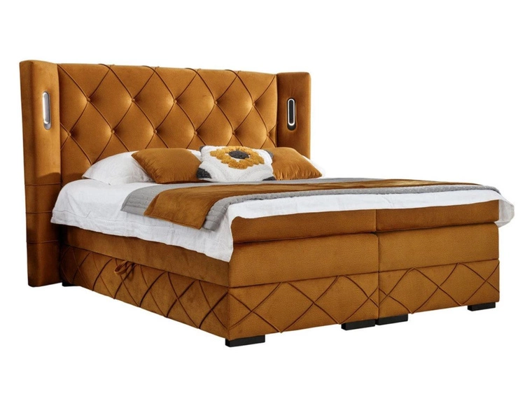 Łóżko kontynentalne z pojemnikiem na pościel 140x200 Neria Lux Żółte