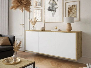 Trzydrzwiowa komoda 154 cm w stylu loft wisząca Vivance biały mat i dąb artisan