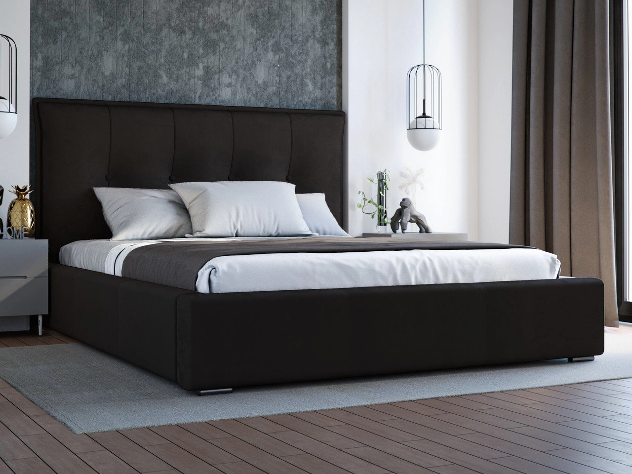 Łóżko tapicerowane z pojemnikiem i stelażem 200x200 Valencia Czarny